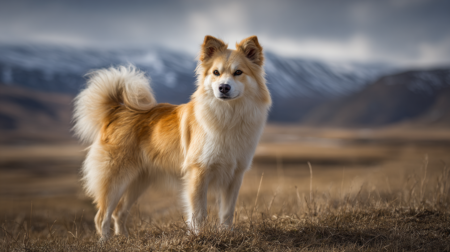 realistic portrait of an Icelandic Sheepdog standing in a windswept grassy field with distant mountains, fluffy golden and white coat, curled tail, bright and alert expression, soft natural lighting, detailed fur texture, shallow depth of field, cinematic composition