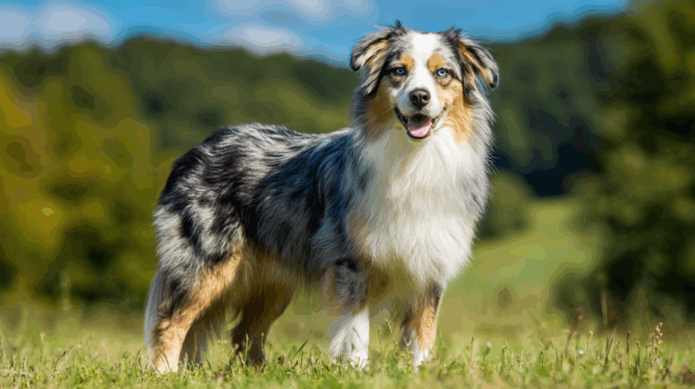 Miniature American Shepherd standing in a sunny grassy field, blue merle coat with tan markings, bright and intelligent expression, ears perked