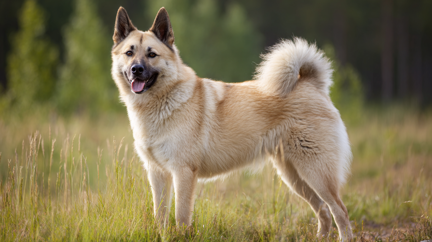 realistic portrait of a Norwegian Buhund dog standing proudly in a grassy meadow, wheaten coat, curled tail, alert and friendly expression, soft natural sunlight, detailed fur texture, shallow depth of field, cinematic composition