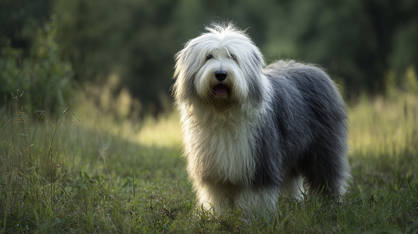 Old English Sheepdog standing in a grassy meadow, long shaggy gray and white coat covering the eyes