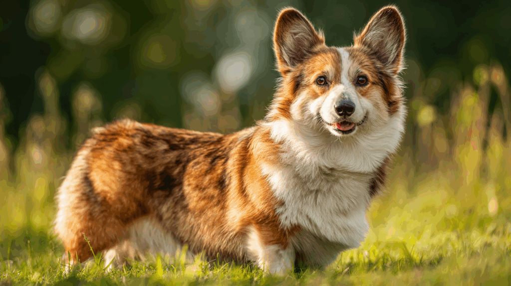 portrait of a Pembroke Welsh Corgi standing proudly in a grassy field
