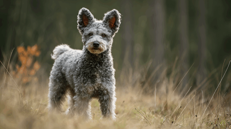 Pumi dog standing alert in a grassy field, curly gray coat, upright ears with tips bending forward, lively and intelligent expression
