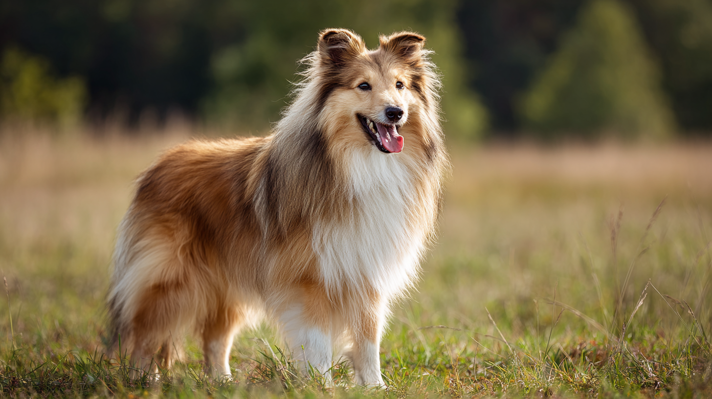 Shetland Sheepdog standing proudly in a grassy field, long flowing sable and white coat, bright and intelligent expression