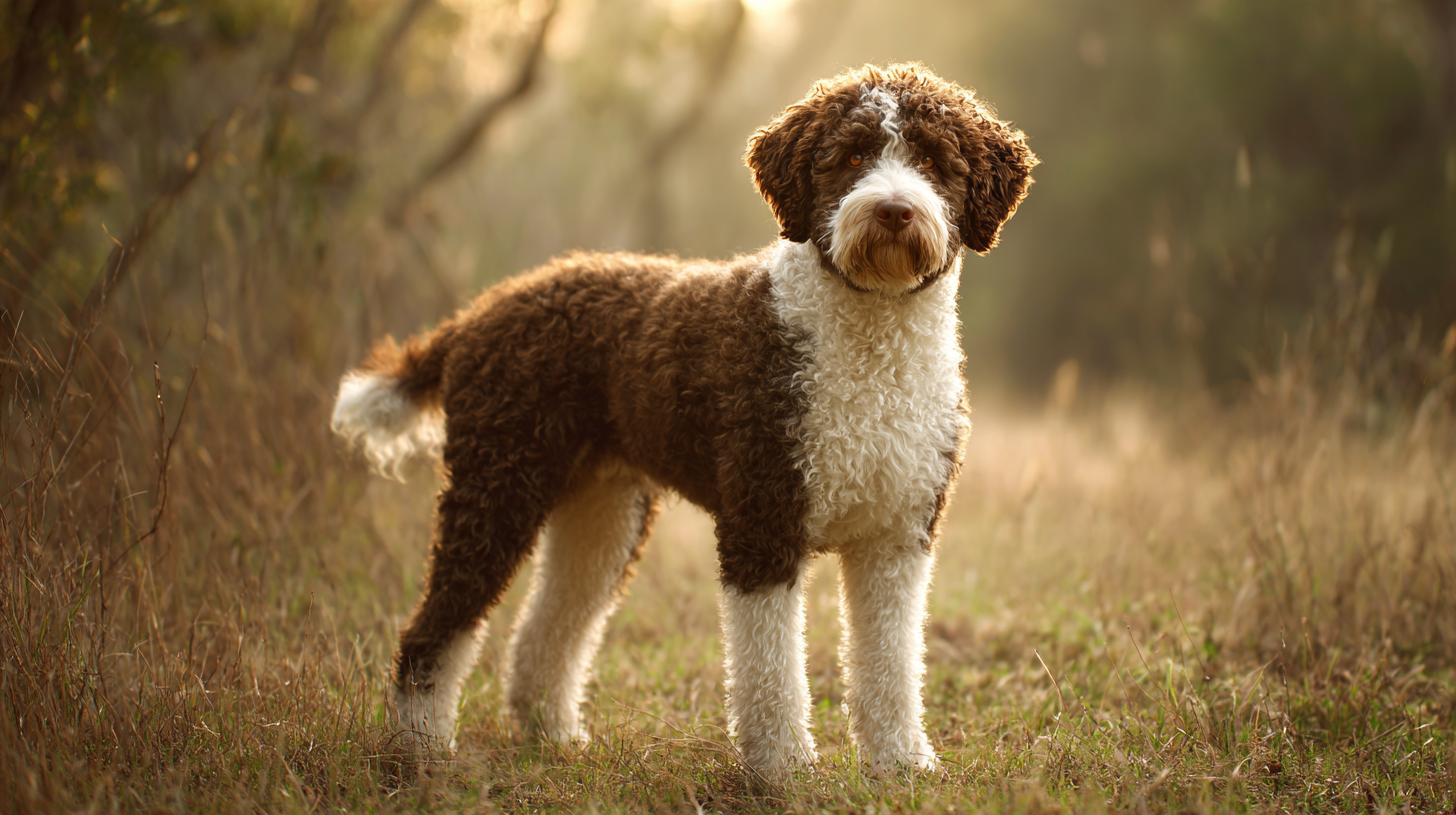 Spanish Water Dog standing in a grassy field, curly brown and white coat, athletic build, bright and focused expression