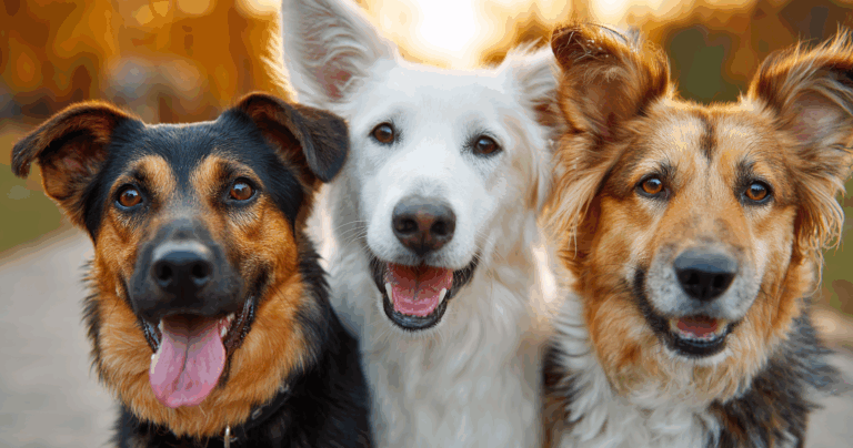 group of three friendly dogs of different breeds sitting together outdoors, soft daylight, realistic professional photography