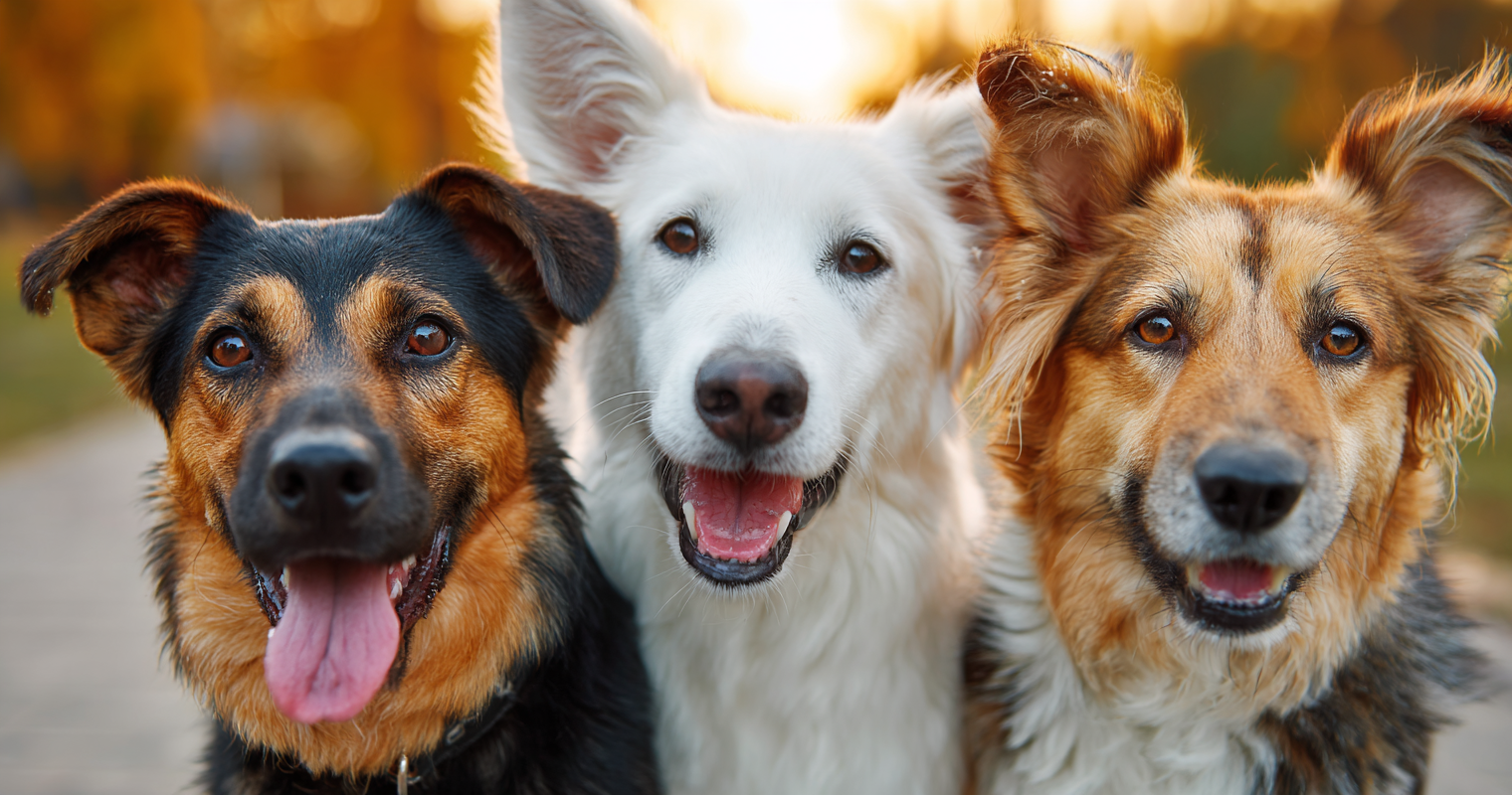 group of three friendly dogs of different breeds sitting together outdoors, soft daylight, realistic professional photography