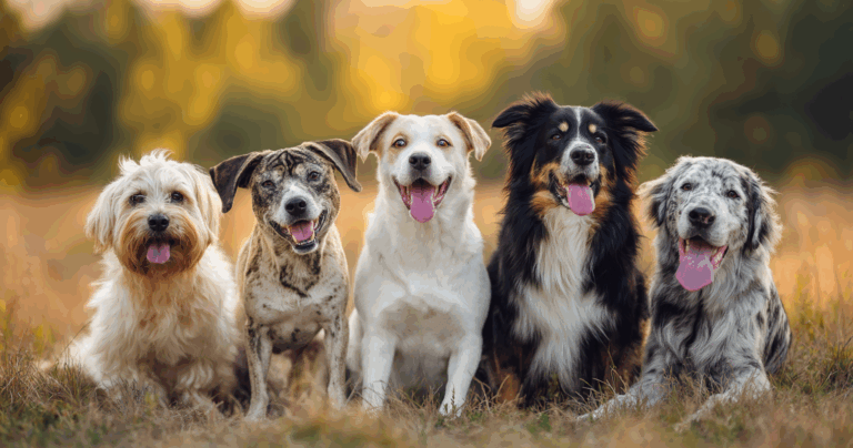 group of happy dogs of various breeds sitting on a sunny meadow